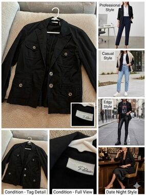 Chico's Platinum Black Utility Jacket - Size 00 - Full Zip Snap Pocket - Office